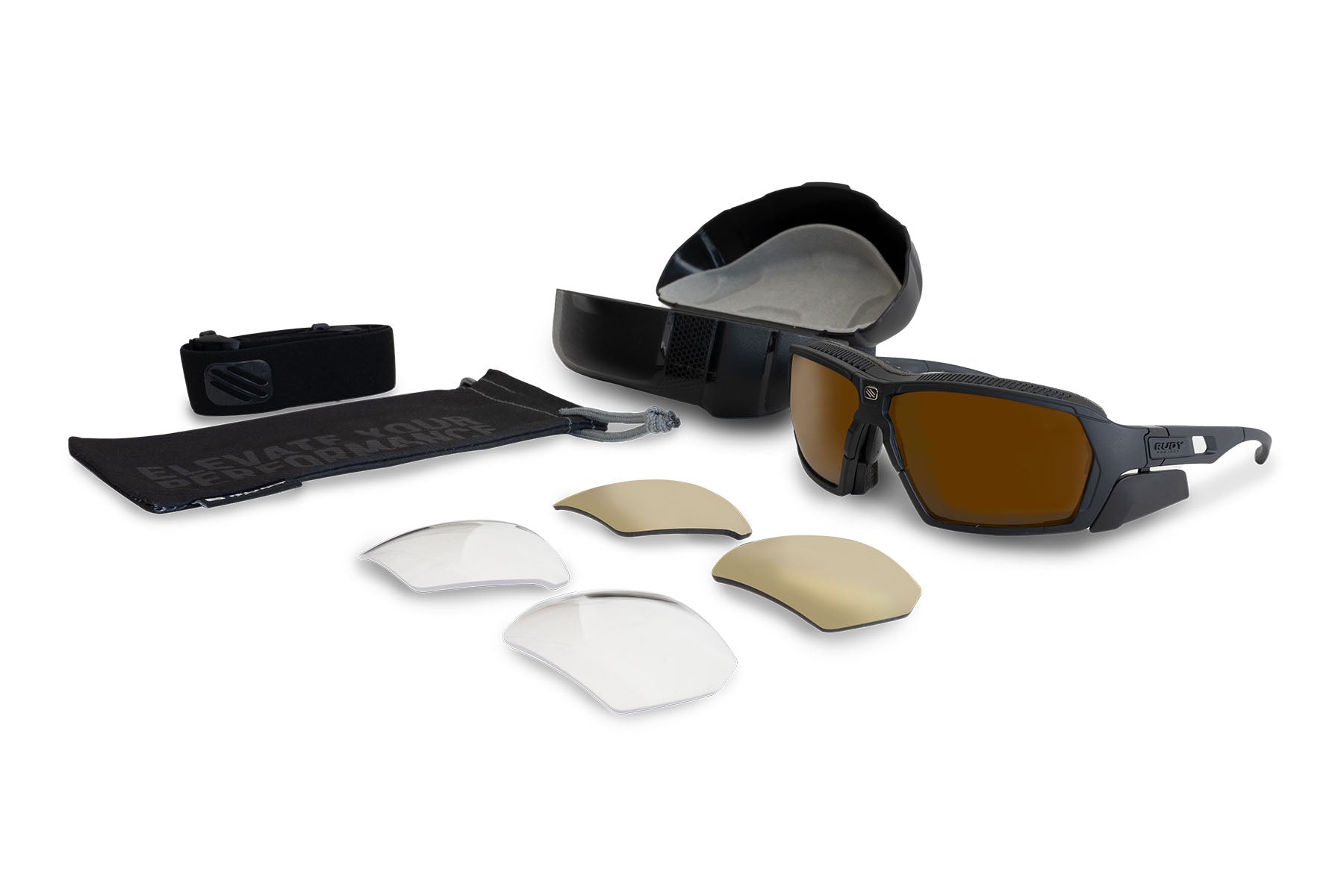 Rudy Project Agent Q Performance Kit sunglasses in Agent Q Matte Black with Hi-Altitude and Multilaser Gold and Transparent Lenses - Modern Eye Care Portland