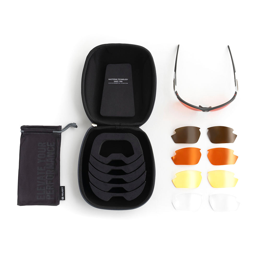 Rudy Project Rydon Performance Kit sunglasses in Matte Black Frame with Action Brown and Racing Red and Yellow and Transparent and Laser Copper Lenses - Modern Eye Care Portland